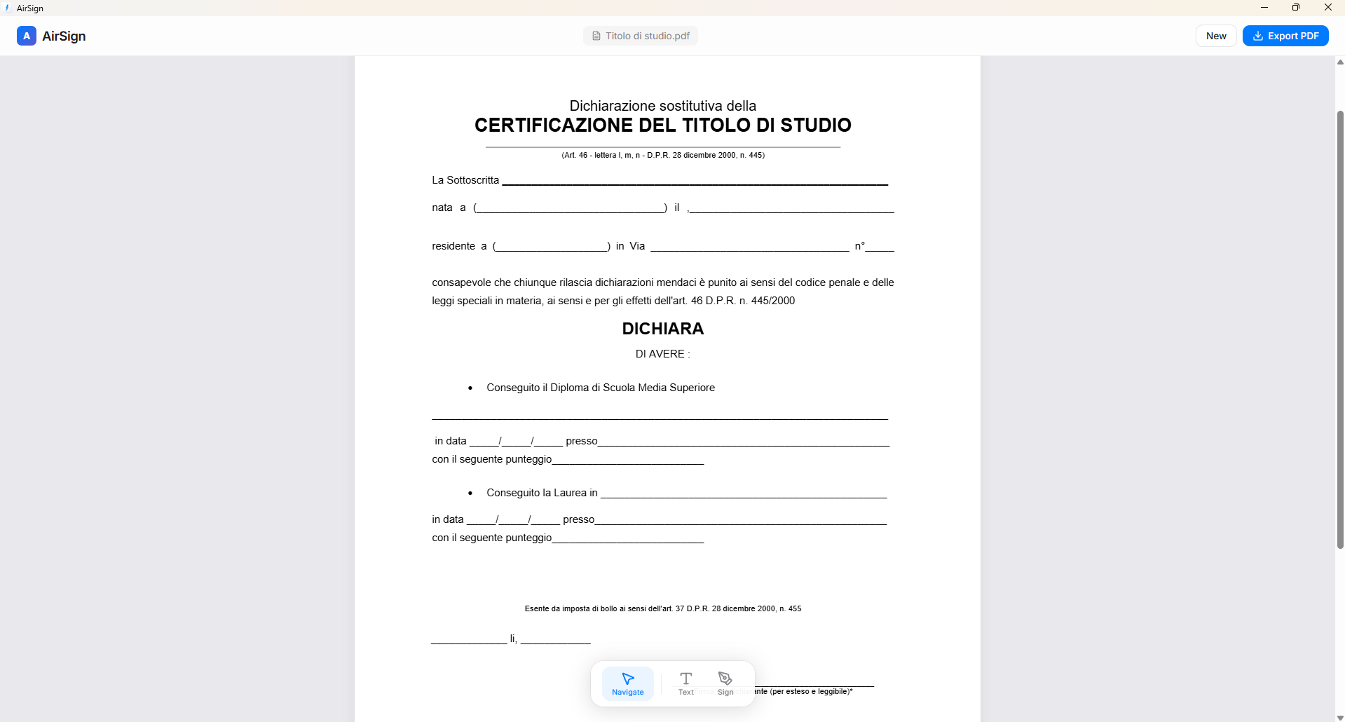 AirSign editor view showing a PDF document loaded and ready to sign
