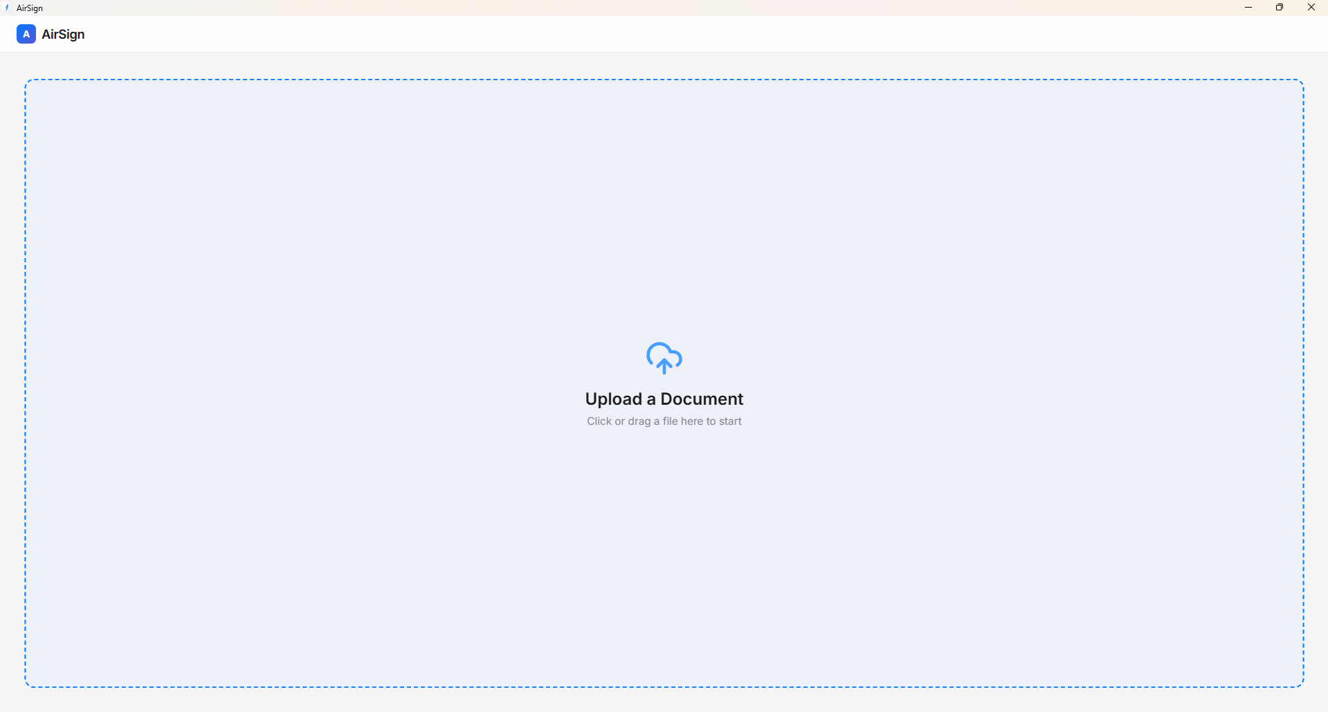 AirSign upload screen with drag and drop area